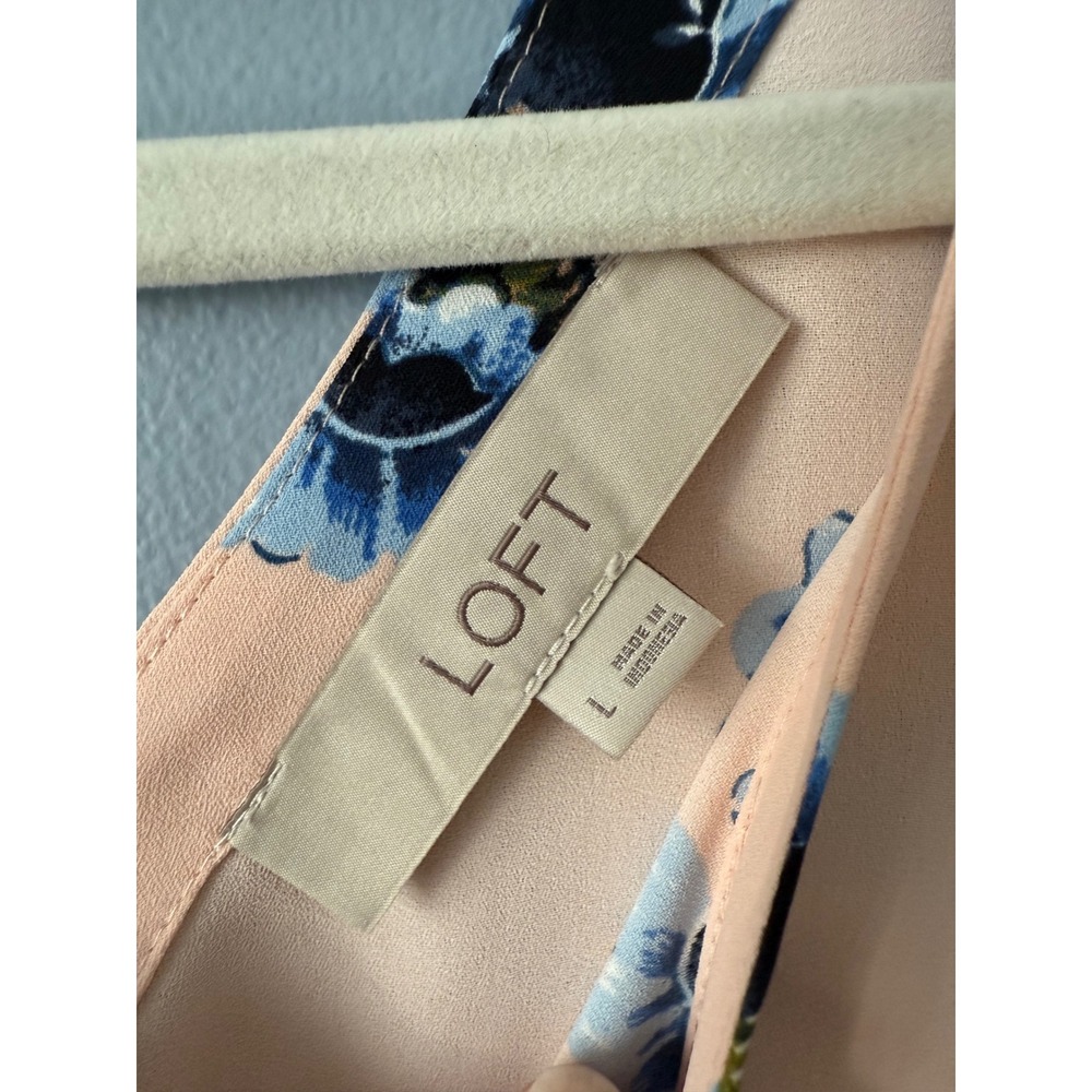 LOFT Blush Pink Blue Floral Long Roll-Tab Sleeve Double V-Neck Boho Size Large - Picture 2 of 10